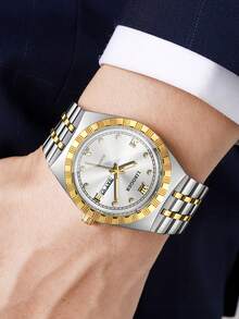 Men's Premium Gold-Tone Alloy Band Watch, Roman Numeral Rhinestone Dial With Date Display, Business Casual Versatile Quartz Wristwatch (1pc/Set), Watch Box Not Included - Multicolor - View 3