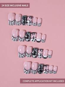 24pcs Halloween Y2K Short Square French Press-On Nails, Featuring Ghost, Spider Web, Pumpkin Head, Blood Splatter, Bat And Rhinestone Designs, Fit Fake Nail Set, Includes 1pc Jelly Glue And 1pc Nail File, Suitable For Women And Girls Daily And Party Use - Multicolor - View 3