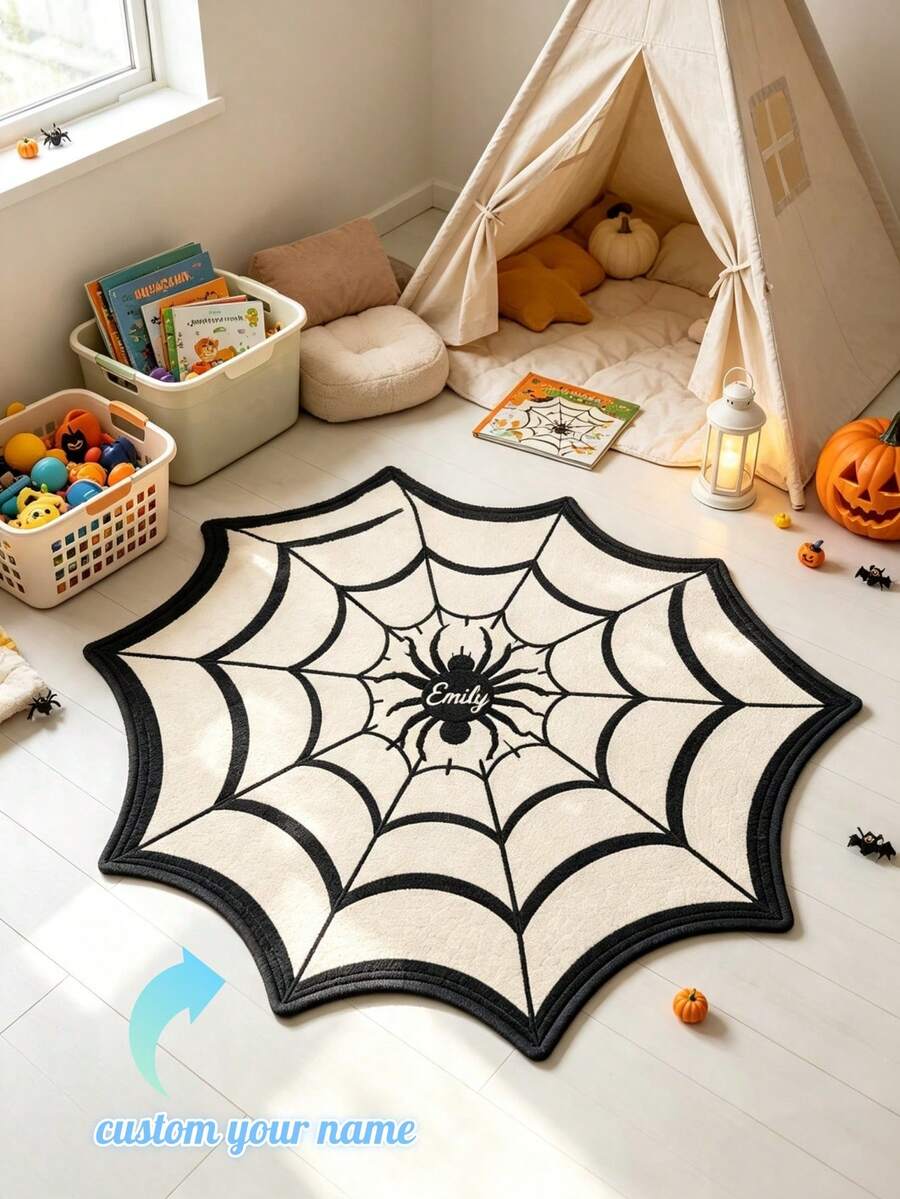 1pc Custom Spider Web Halloween Rug, Personalized Name & Text Area Mat, Gothic Spider Web Floor Carpet, Spooky Halloween Home Decor, Bedroom Living Room Entryway Floor Mat, Party Decoration, Seasonal Gift - Multicolor - View 1
