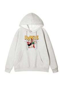 Y2K Korean Street Style Women's Retro Cartoon Character & Letter Print Loose Sweatshirt With Drawstring Casual Versatile Long Sleeve Sweatshirt For Autumn/Winter Daily Campus & Outings - Light Gray - View 6