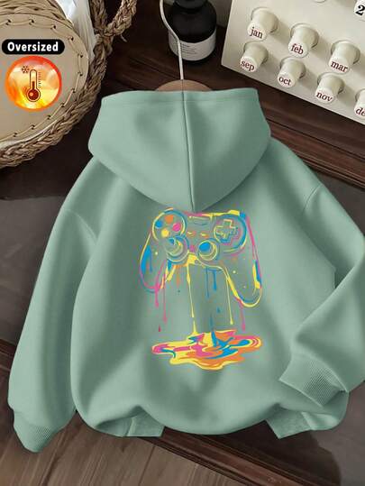 Kids Hooded Pullover, Color Drip Game Controller Back Print Graphic Hoodie, Soft Warm Kids Long Sleeve Top