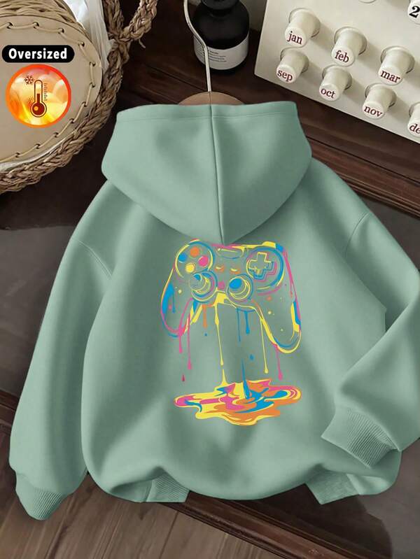 Kids Hooded Pullover, Color Drip Game Controller Back Print Graphic Hoodie, Soft Warm Kids Long Sleeve Top