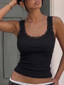Women's Lace Patchwork Fitted Casual Everyday Top - Black - View 4