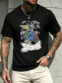 Men's Pelican Graphic T-Shirt, 100% Cotton, Loose Fit, Hip-Hop Street Style, Comfortable, High Impact Print. - Black - View 2