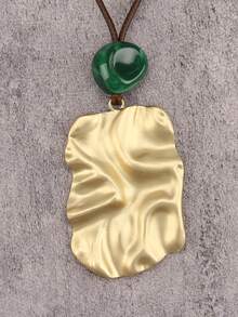 1pc Bohemian Style Exaggerated Bold 3D Textured Square Pendant With Quality Round Bead Necklace, Artistic Minimalist Wax Cord Long Sweater Chain, Niche Aesthetic Accessory, Christmas Halloween Gift For Best Friend, Girlfriend, Mother, Holiday Gift - Wax Rope - View 5