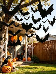 12pcs Halloween Decorations, Hanging 3D Bat Ornaments With Glow-In-The-Dark Eyes For A Realistic And Spooky Effect. Suitable For Halloween Atmosphere Decorations, Hanging On Trees As 3D Fluorescent Glow-In-The-Dark Party Decorations - Multicolor - View 5