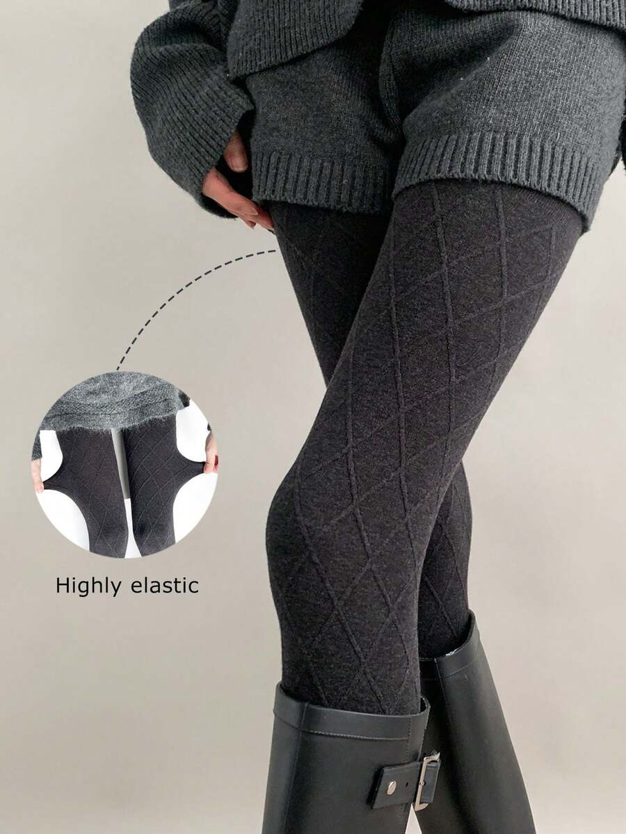 1pc Vintage Black Diamond Pattern Knitted Tights, Textured Diamond Grid Versatile Slimming Thickened Autumn/Winter Base Layer - Multicolor - View 1