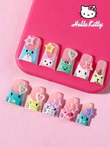 Sanrio Hello Kitty 24片裝 Y2K 中型鴨型彩色彩虹法式指尖穿戴甲，附可愛 Hello Kitty、Melody、Pompompurin 3D 蝴蝶結與星星設計，完美貼合假指甲套組，適合女性與女孩日常與派對使用 - 彩色 - 查看 3
