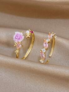 1Pc/Set Elegant Gold Plated Pink Floral Marquise Zirconia Open Ring,Jewelry Set For Women,Party,Daily,Christmas,Wedding,Boho,Valentine Birthday Gifts - Multicolor - View 1