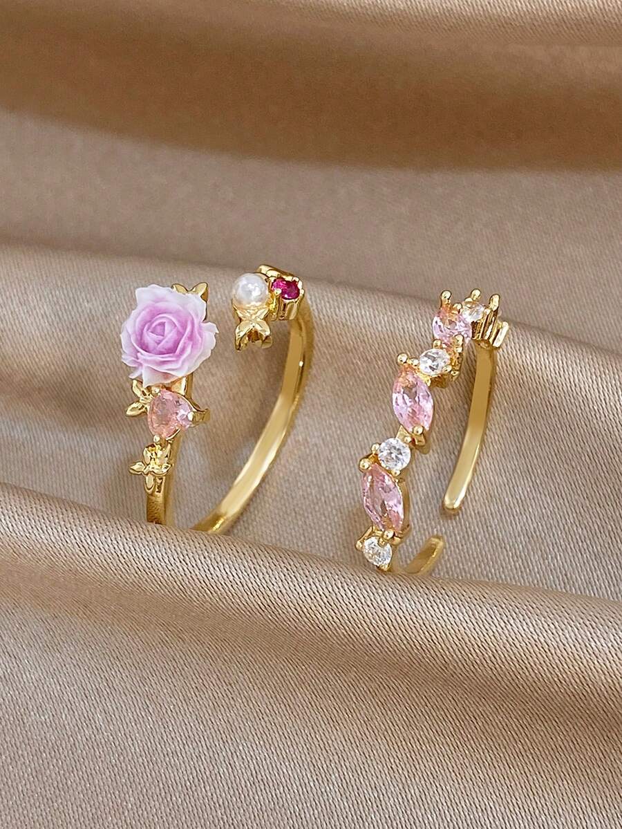 1Pc/Set Elegant Gold Plated Pink Floral Marquise Zirconia Open Ring,Jewelry Set For Women,Party,Daily,Christmas,Wedding,Boho,Valentine Birthday Gifts - Multicolor - View 1