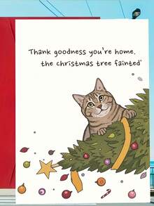 1pc Funny Tabby Cat Christmas Card "Thank Goodness You're Home The Christmas Tree Fainted", Messy Fallen Tree Bauble Cartoon Print, Pet Owner Humor Holiday Note - Multicolor - View 6