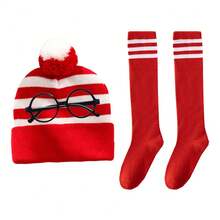 3pcs Party Dress‑Up Kit, Red White Striped Knit Hat, Black Round, Knee High Socks, Halloween Carnival Book Day Cosplay Accessories For Men Women,Halloween - Multicolor - View 10
