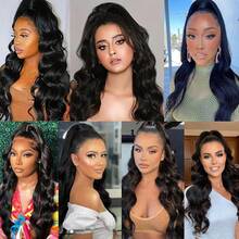 BINF 8-26 Inch Body Wave Ponytail Virgin Raw Human Hair Wrap Around Clip In Ponytail Natural Color Women Human Hair Extension Cosplay Party Daily Wear Hairstyle Halloween - Natural Black - View 8