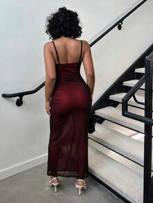 Ruched Mesh Maxi Dress Women Burgundy Mermaid Hem Bodycon Spaghetti Strap Evening Party Dress Elegant Going Out Outfit - 紅色 - 查看 3