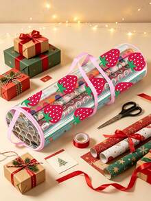 1pc Strawberry Print Transparent PVC Wrapping Paper Storage Bag, Portable Handheld Cylindrical Gift Wrapping Paper Organizer Box, Christmas New Year Holiday Gift Wrapping Paper Home Storage Rack - Strawberry Print - View 2