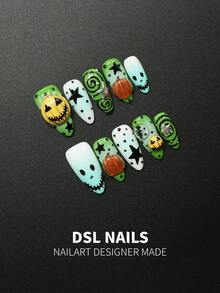 10pcs Handmade Almond Press-On Nails, Fresh Green And Mint Blue Gradient Base, Decorated With 3D Pumpkin Head Accessories, Skull Ghost Face Print, Black Polka Dots, Spiral Lines And Star Patterns, Silver Metallic Star Accents. Quirky Halloween Atmosphere. Almond Nail Shape Visually Slims Fingers, Suitable For Halloween Parties, Cosplay. Comes With Complete Nail Art Tool Set, Easy DIY, Perfect Gift For Halloween Theme Nail Art Enthusiasts. - Multicolor - View 2