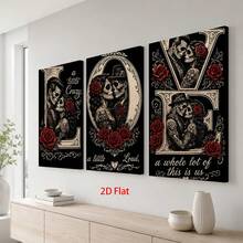 3 Pieces 2D Flat- Three Panels Spell LOVE With Sugar Skull Couples Red Roses And Romantic Phrases Themed Canvas Wall Art, Waterproof Canvas Prints Ready To Hang, Home Room Decor Gifts For Father's Day, Graduation, Birthday, 4th Of July - Framed - View 5