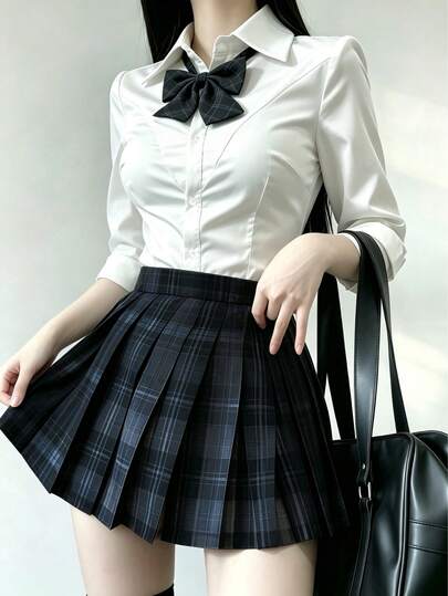1着 日本風JK制服 ホワイト長袖ウエストシェイプブラウス＆フォギーブルー・ブラックチェック柄スカート、ハロウィン学生コスチュームアウトフィット 秋