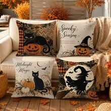 Autumn Halloween Black Cat Ghost Pumpkin Cushion Cover 4pcs Set, Single-Sided Printed Peach Skin Velvet Polyester Material, 45*45CM/18*18inch Pillow Covers Suitable For Room Decoration, Modern Minimalist Sofa Living Room Decor, Gift Giving, Party Decoration - Multicolor - View 2