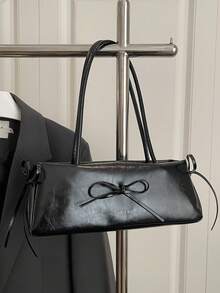 New Fashion Bow Decor Handbag, Suitable For Party, Outing, Vacation, Shopping And Daily Use, Can Store Coins, Phone, Also Suitable As Work Bag For Office Ladies, College Students And Professional Women, Elegant Women's Bag, Office, PU Women's Shoulder Bag, Black Bag - Black - View 3