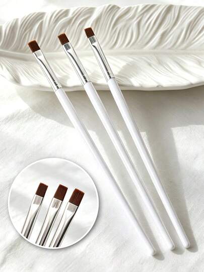 3Pcs Flat Head UV Gel Nail Brushes Set White Handle Soft Nylon Bristles Comfort Grip Manicure Tools