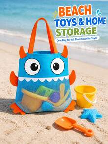 1pc Kids Beach Toy Bag, Large Foldable Mesh Tote, Cute Monster Sand Filter Storage Bag, Suitable For Beach, Pool, Bath And Indoor Toys - Blue - View 2