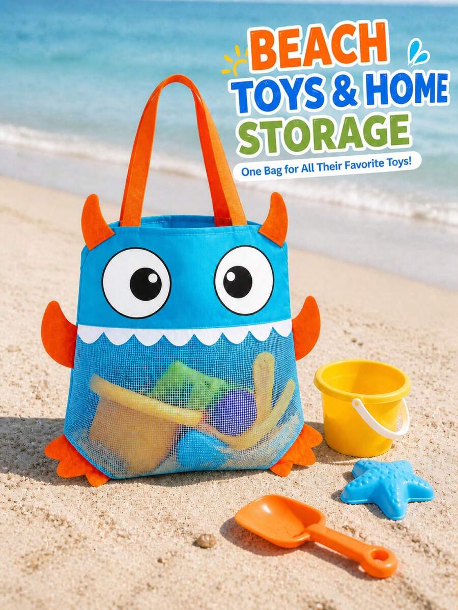 1pc Kids Beach Toy Bag, Large Foldable Mesh Tote, Cute Monster Sand Filter Storage Bag, Suitable For Beach, Pool, Bath And Indoor Toys