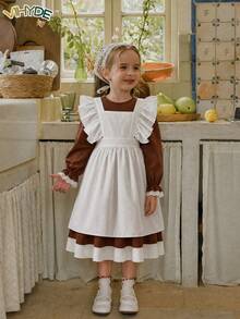 Vihyde Tween Girls Princess Style Long Sleeve Dress & Vintage Ruffle Apron 2 Pieces Set, Autumn/Winter - White - View 3