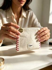 Chloé Natural Linen Zipper Makeup Pouch With Red Hand Stitched Edge, CHLOE Fabric Label & Round Metal Logo Charm, Minimal Retro Portable Travel Cosmetic Bag Luxury Gift For Women CHLOE-GIFT-13 - Champagne - View 4
