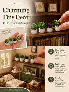Mini Artificial Potted Plant, Resin Bonsai Faux Greenery In Square Planter, 3.5cm Miniature Plant Ornament For Office Desk, Home Decor, Bedside Table, Shelf, Dorm Room, Living Room & Small Space Decoration - Default - View 9