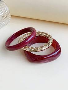3pcs Set Fashion Vintage Bohemian, Asymmetrical Thick Burgundy Acrylic Bracelet Set Paired With Gold Alloy Hollow Open Cuff Bracelet, Women, Couples, Party, Daily Wear, Luxury High-End - Red Tones - View 5