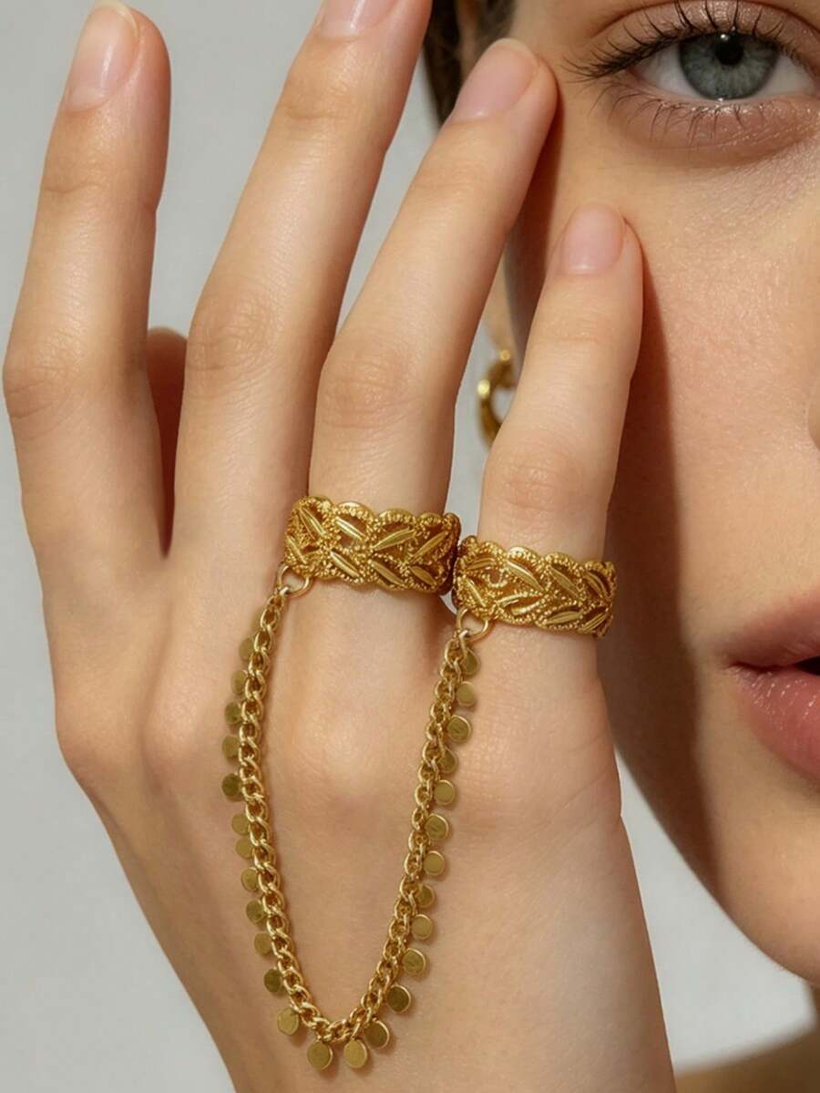 1pc Double-Split Wheat Ear & Leaf Connected Finger Ring, Minimalist Luxury Elegant Design - Gold - View 1