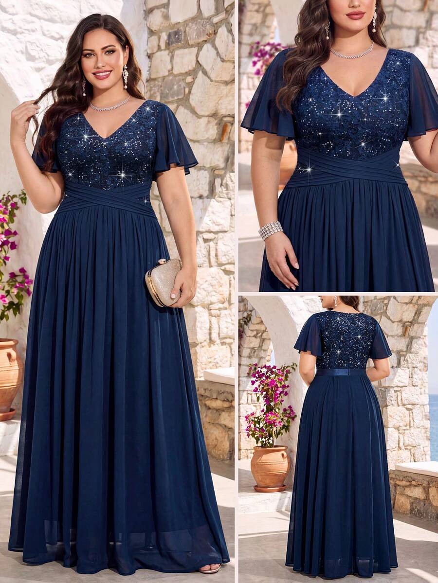 Gaun Malam Panjang Elegan untuk Musim Panas, Berkerah V, Berpayet, Motif Bunga Renda, Lengan Kupu-kupu, Warna Kontras, Pinggang Berkerut, dan Hem Chiffon Berkerut - Navy Blue - View 1
