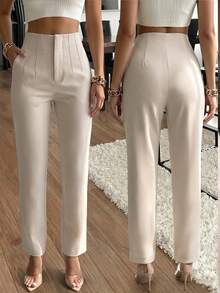 Women's Elegant Commute Pleated Side Pocket Slim Leg Long Pants Casual - Apricot - View 7