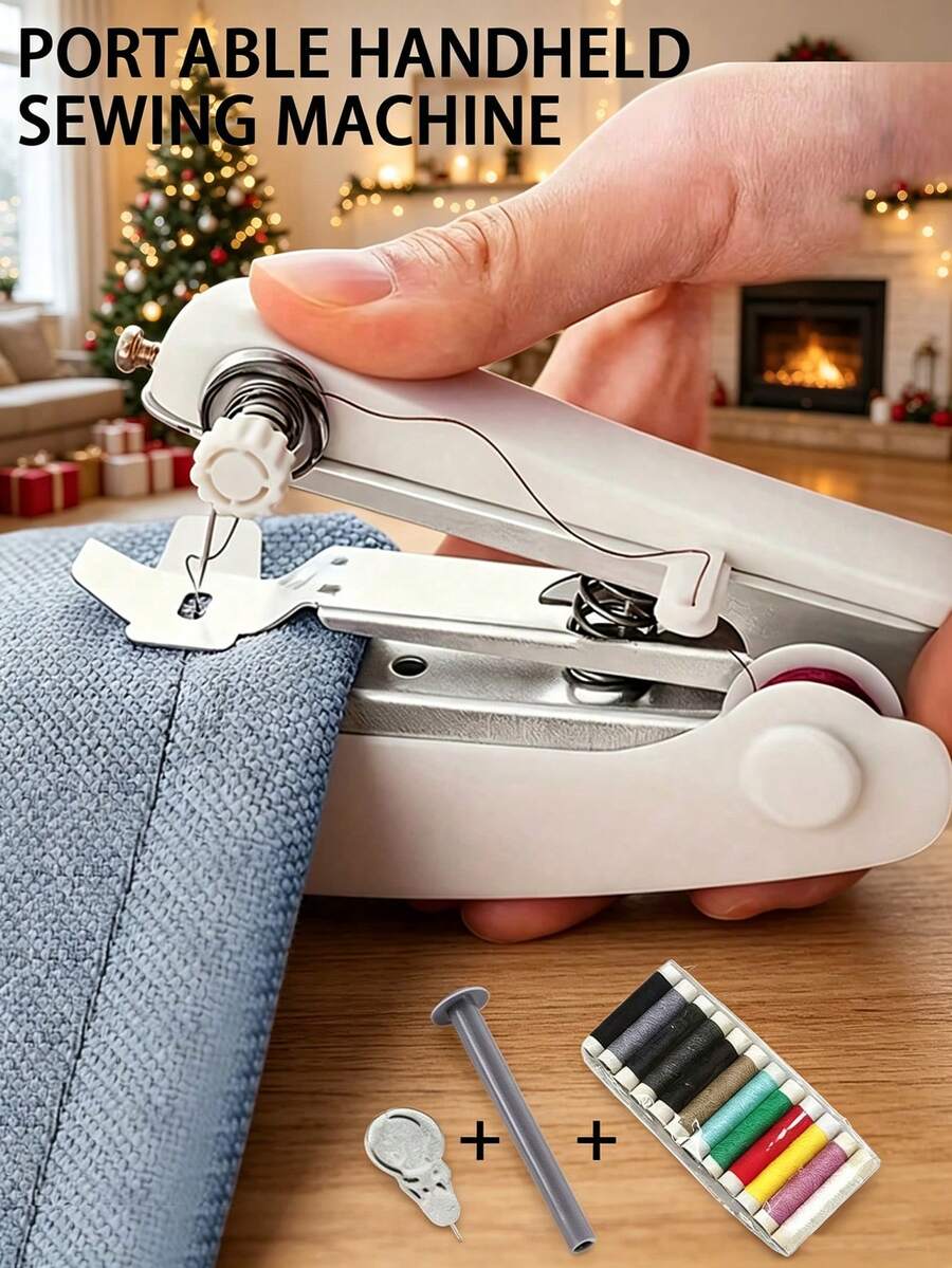 15pcs/1set Portable Handheld Sewing Machine Kit, Includes 1 Mini Portable Sewing Machine And 2 Rolls Of 12-Color Free Sewing Thread, Easy To Use, Suitable For Home Handicraft Sewing