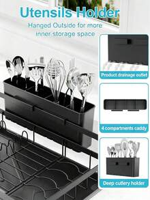 1 Piece Kitchen Countertop Dish Rack, Metal Tableware Storage Rack With Drip Tray And Chopstick Holder, Household Dish Organizer. - Black - View 4