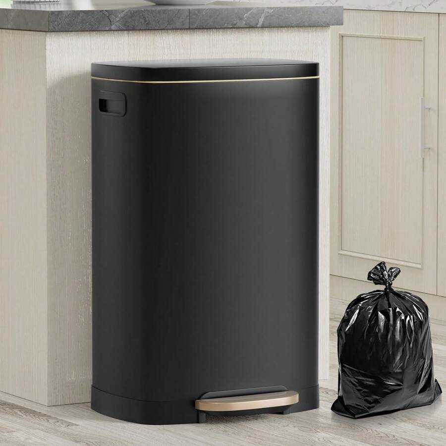 cubeta de basura de 13 galones con tapa, 50 l de acero inoxidable a prueba de huellas dactilares con cubeta interioríble y tapa cierre suave, cubeta de basura de pedal para oficina en - Negro - Ver 1