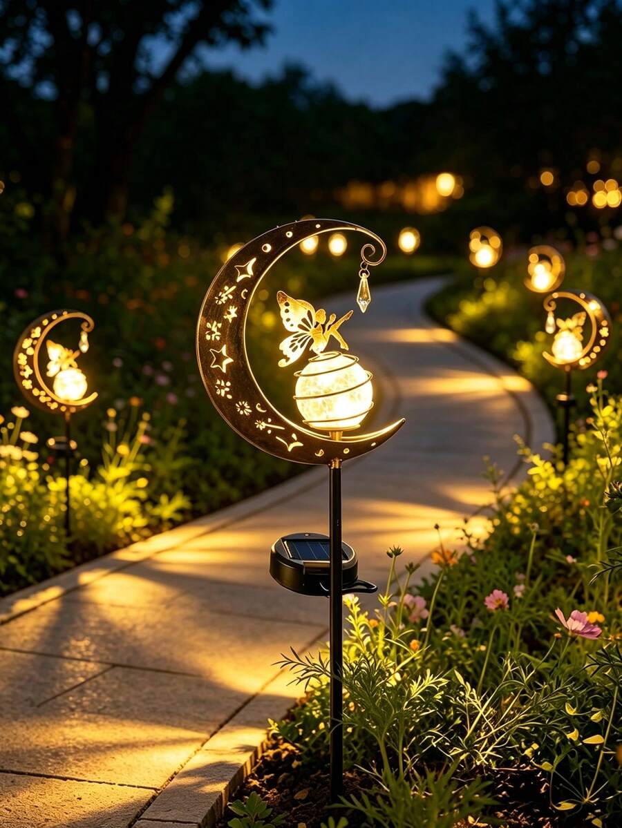 Solar Powered Moon Fairy Garden Stake Light, Outdoor Decorative Light, Garden Lawn Grass Stake Light, Waterproof Solar Light Lawn Decoration, Garden Decoration Flower Bed Light Suitable For Backyard Flower Bed, Romantic Yard Night Scene Ornament, Unique Outdoor Decoration Gift - Moon Fairy Garden Stake Light - View 1