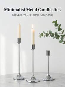 Luxury Electroplated Metal Candle Holder, Glossy Mirror Finish, High-Low Combination Design, Non-Slip Base To Protect Tabletop, Suitable For Long Taper Candles, Ideal For Home Dinner, Party Gathering, Wedding Hotel Tabletop Decoration - Silver - View 2