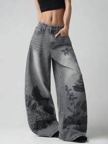 1pc Women's Casual Loose Fit Gray Printed Denim Wide Leg Jeans, Comfortable All-Match Streetwear Style Jeans (Belt/Accessories Not Included) Fall - Light Grey - View 4