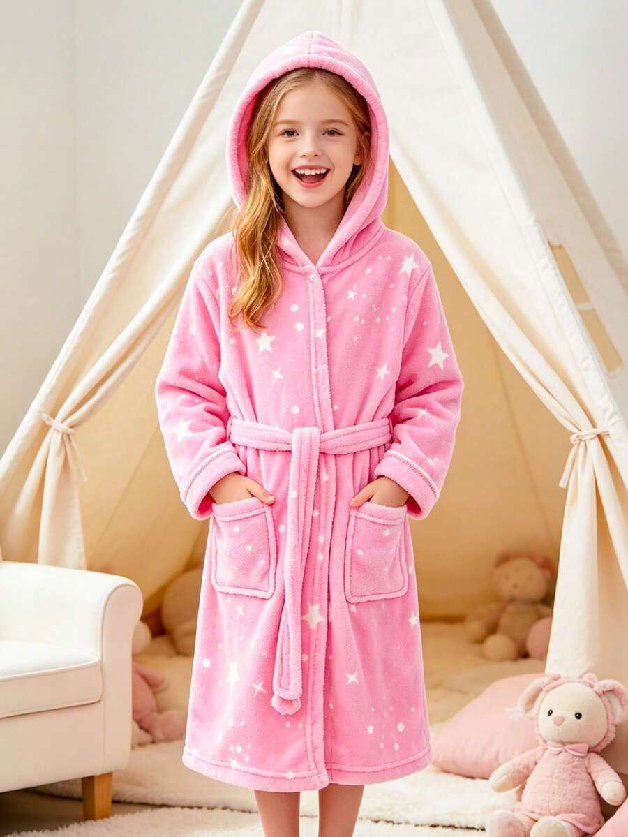 Tween Girl Star Print Hooded Belted Flannel Robe - Pink - View 1