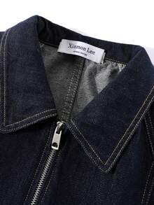 Korean Style Vintage Elegant Denim Jacket With Zipper Front, Patchwork Striped Cuffs Design, Spring Casual Travel Vacation - Blue - View 2