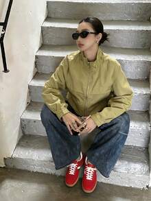 女款秋季拉鍊落肩袖短版外套 時尚立領 通勤度假運動學院風 - 橄欖綠 - 查看 4
