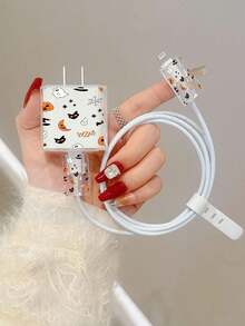 Halloween Ghost Candy Spider Web Pattern, Compatible With Iphone 18W/20W Transparent Charger Protective Case Compatible With Iphone 13/14/15 Charger Protective Case 20W Charger Protective Set, Cable Protective Case, Charging Cable Head Protective Case. Gift, Transparent Protective Case, Charger Protective Shell - Multicolor - View 1