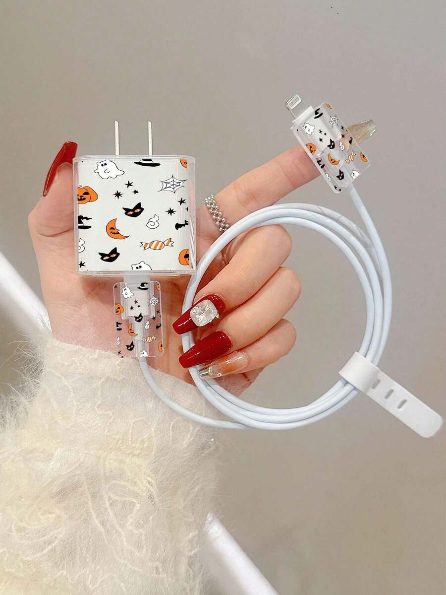 Halloween Ghost Candy Spider Web Pattern, Compatible With Iphone 18W/20W Transparent Charger Protective Case Compatible With Iphone 13/14/15 Charger Protective Case 20W Charger Protective Set, Cable Protective Case, Charging Cable Head Protective Case. Gift, Transparent Protective Case, Charger Protective Shell - Multicolor - View 1