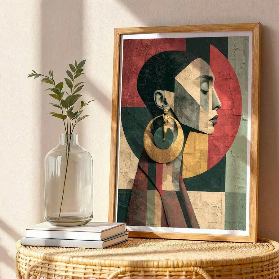 CPWAD Bohemian Geometric Collage Women Portrait Canvas Wall Art, Artist Home Decor, Suitable For Living Room And Bedroom, 2D Printed Poster Wall Art
