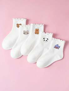 1/5 Pairs All-Season Kids Socks, Bear, Capybara, Shark, Panda, Raccoon Cute Animal Print, Versatile Short Socks For Students - Multicolor - View 3