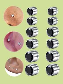 12pcs/Set Fake Earrings & Fake Nose Studs, Shiny Cubic Zirconia Inlaid, Clip-On Earrings & Nose Rings, No Piercing Required, Fashion Accessories - Multicolor - View 12