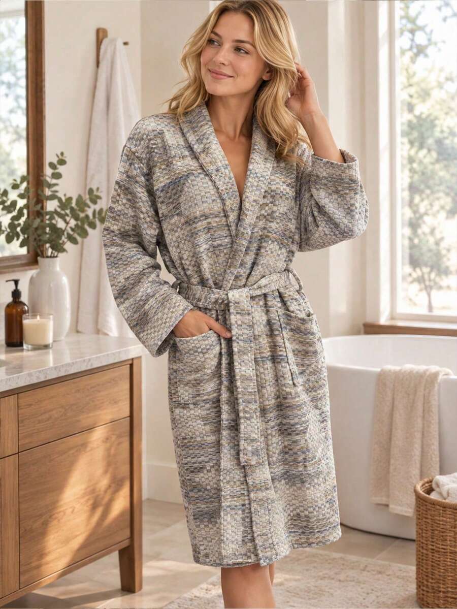 1件女款厚實透氣紗布浴袍,超柔軟透氣棉質和服風晨袍,格紋條紋腰帶繫帶設計,適合旅行、SPA與居家休閒,輕量款 - 彩色 - 查看 1