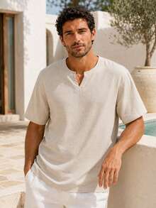 1pc Men's Navy Blue Faux Linen Textured Henley Collar T-Shirt, Loose Fit Dropped Shoulder Draped Silhouette, Lightweight Breathable Polyester Fabric, Summer Vacation Style, Machine Washable, Casual Short Sleeve Top For Beach And Relaxed Summer Wear - Apricot - View 1